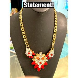 Statement 3D Rhinestone and Coral Orange Necklace with‎ heavy Gold Chain